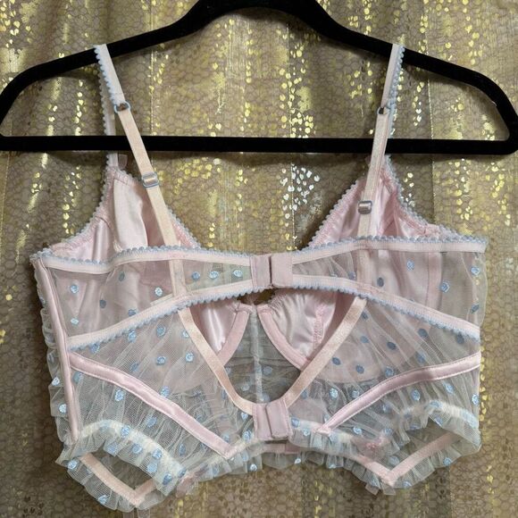 VS For Love & Lemons Foil Rose Pink Blue Sheer Mesh Bustier Coquette Top Large - Picture 2 of 13